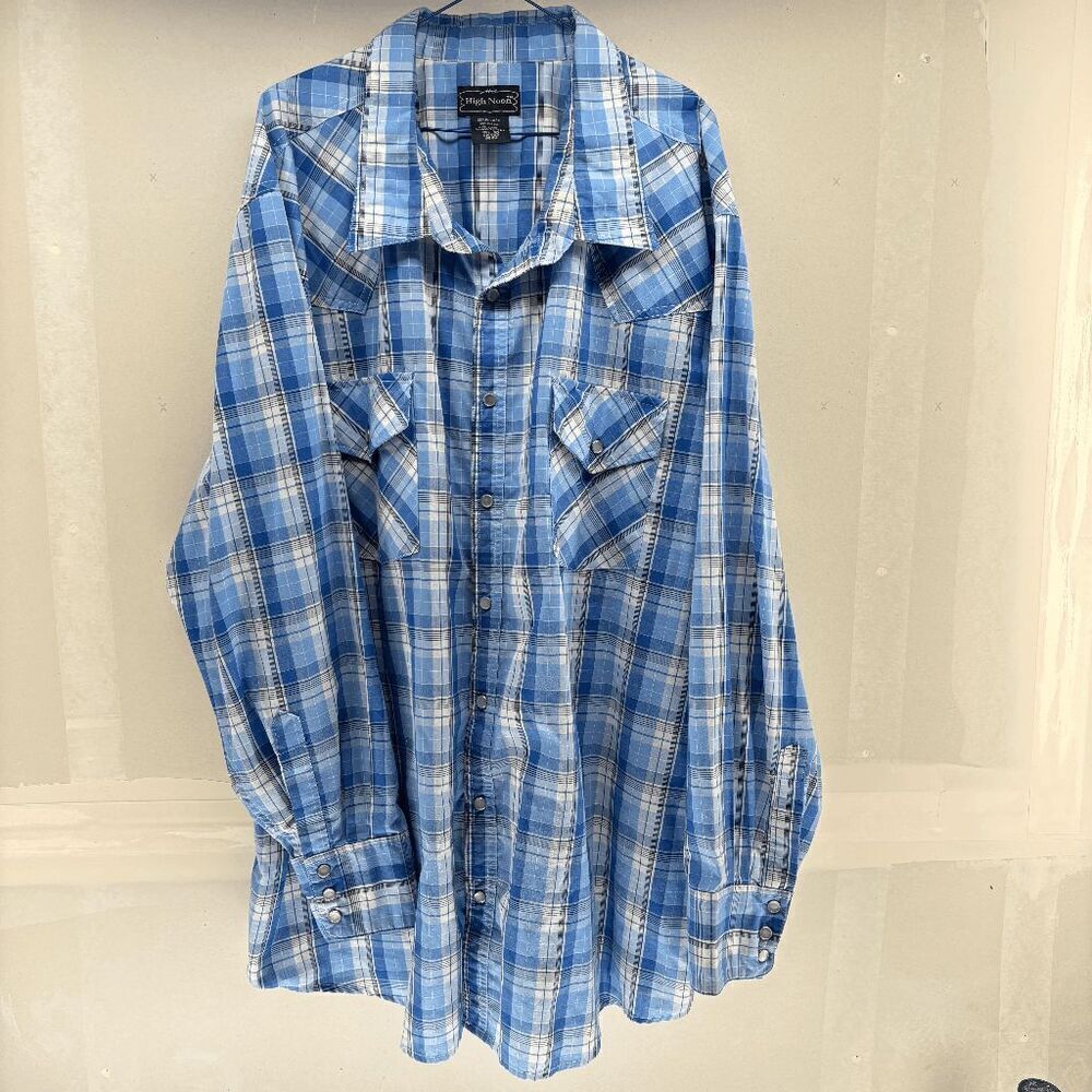 High Noon Vintage 3XL‎ Men's Blue Plaid Chambray Pearl Snap Long Sleeve Western